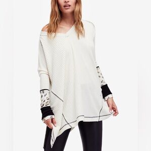 free people waffle knit top lovin leopard print cuff XS oversized long sleeve